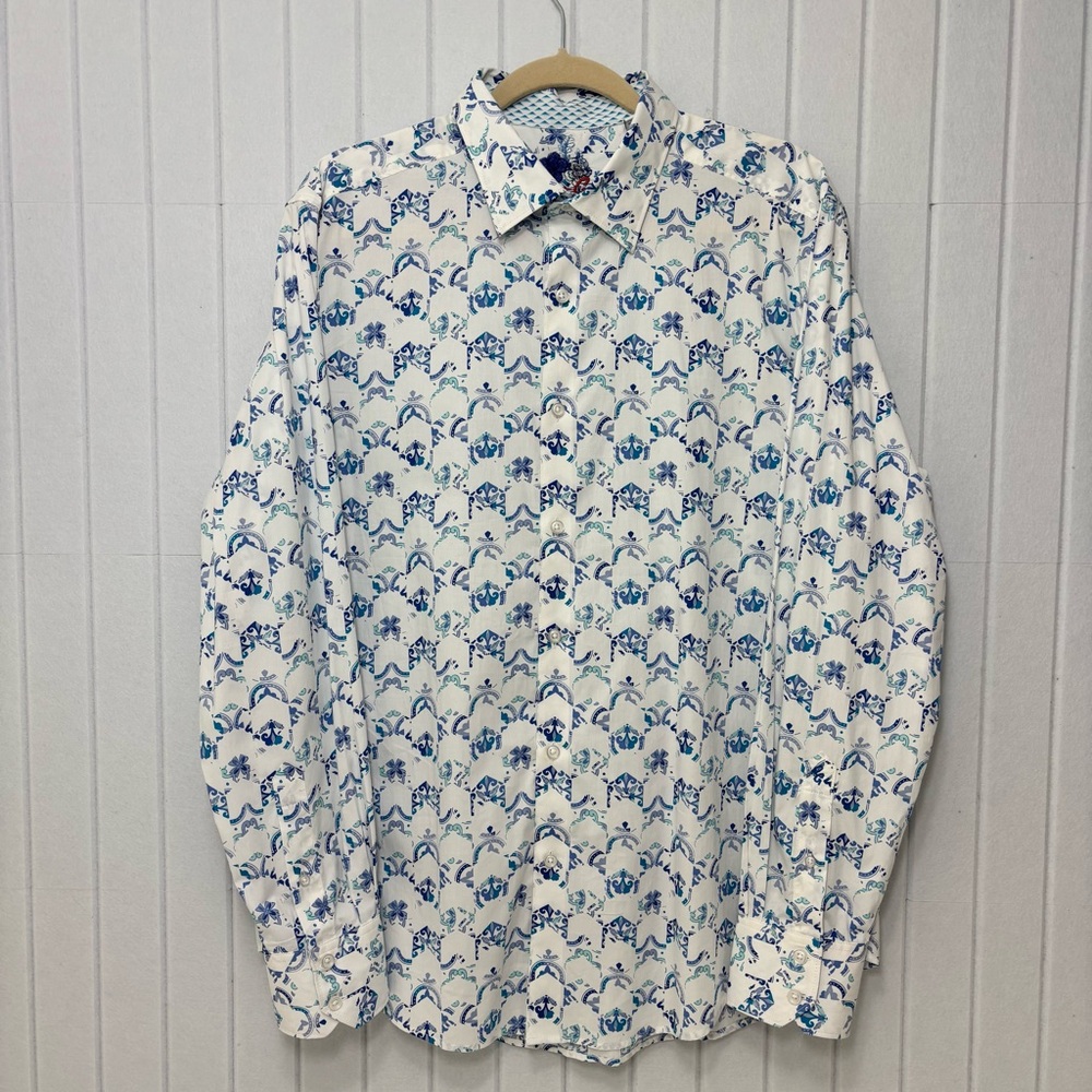 ROBERT GRAHAM Oakville White and Blue Paisley Long Sleeve Classic Shirt Size L